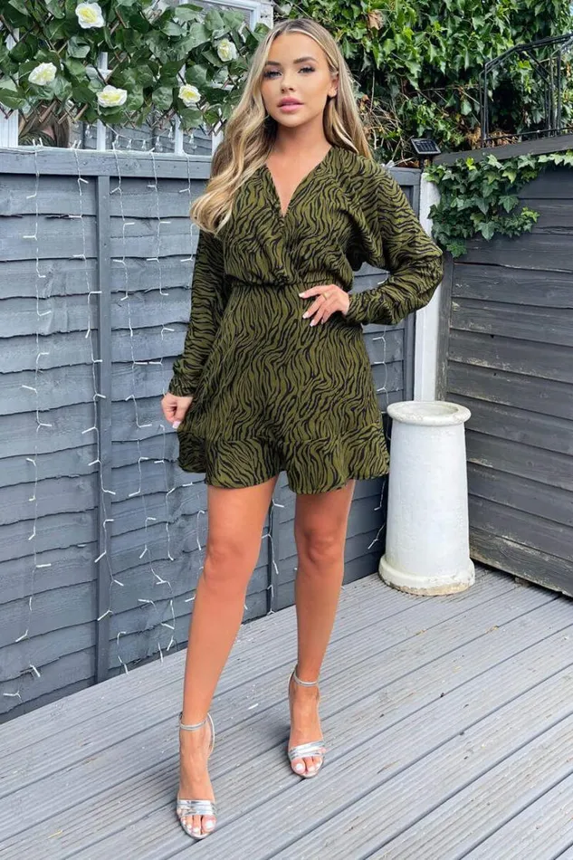 AX Paris Khaki Animal Print Long Sleeve Mini Skater Dress Women Dresses
