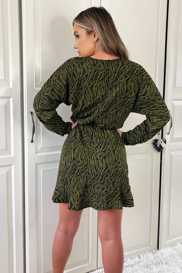 AX Paris Khaki Animal Print Long Sleeve Mini Skater Dress Women Dresses