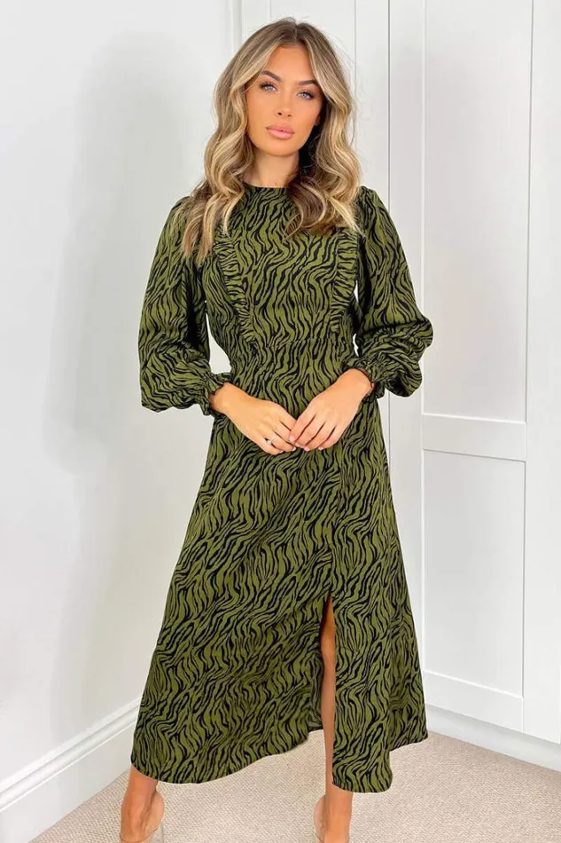 AX Paris Khaki Animal Print Long Sleeve Ruffle Front Midi Dress Women Dresses