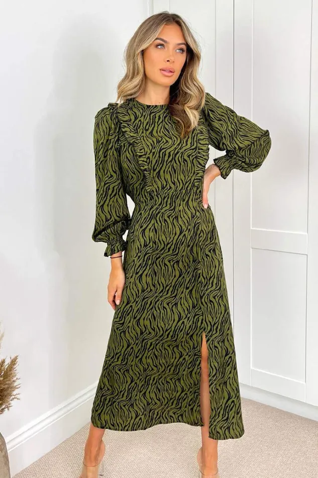 AX Paris Khaki Animal Print Long Sleeve Ruffle Front Midi Dress Women Dresses