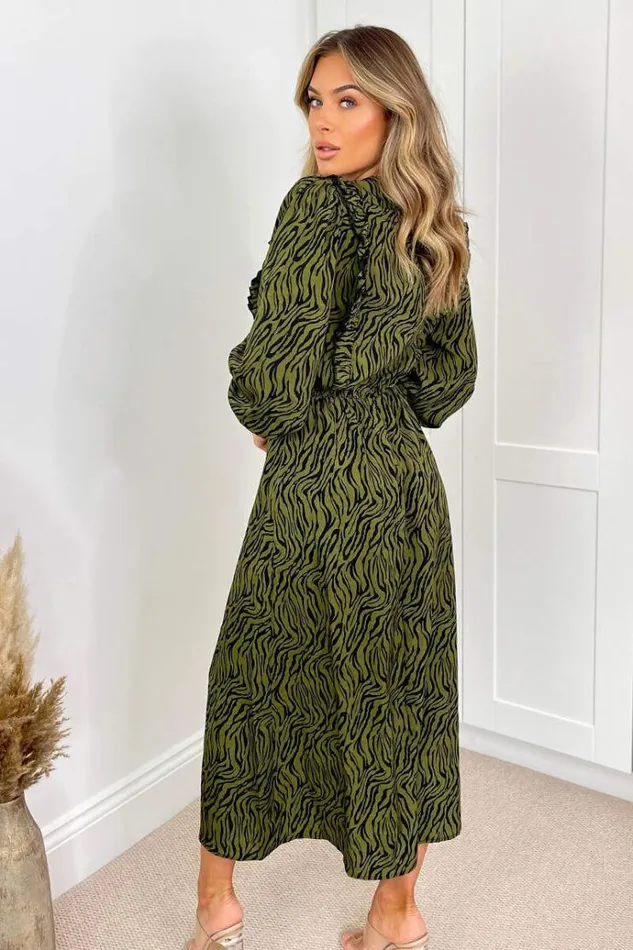 AX Paris Khaki Animal Print Long Sleeve Ruffle Front Midi Dress Women Dresses