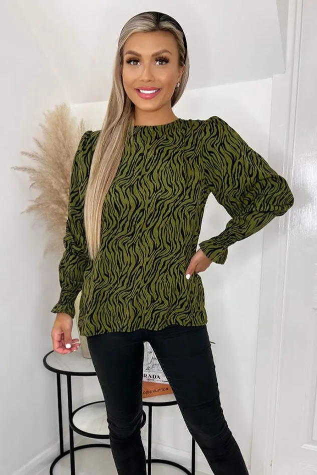 AX Paris Khaki Animal Print Long Sleeve Top Women Tops