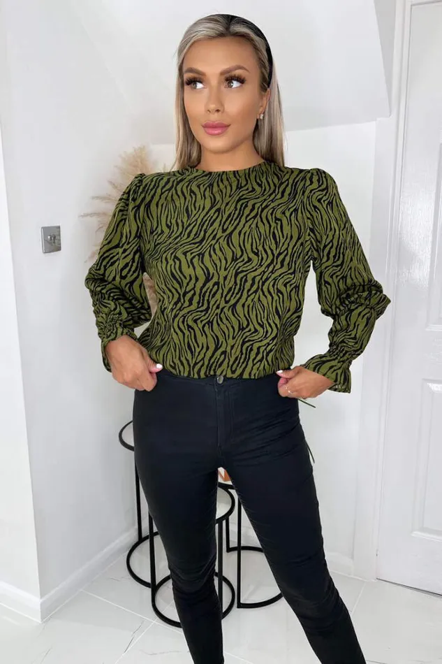 AX Paris Khaki Animal Print Long Sleeve Top Women Tops