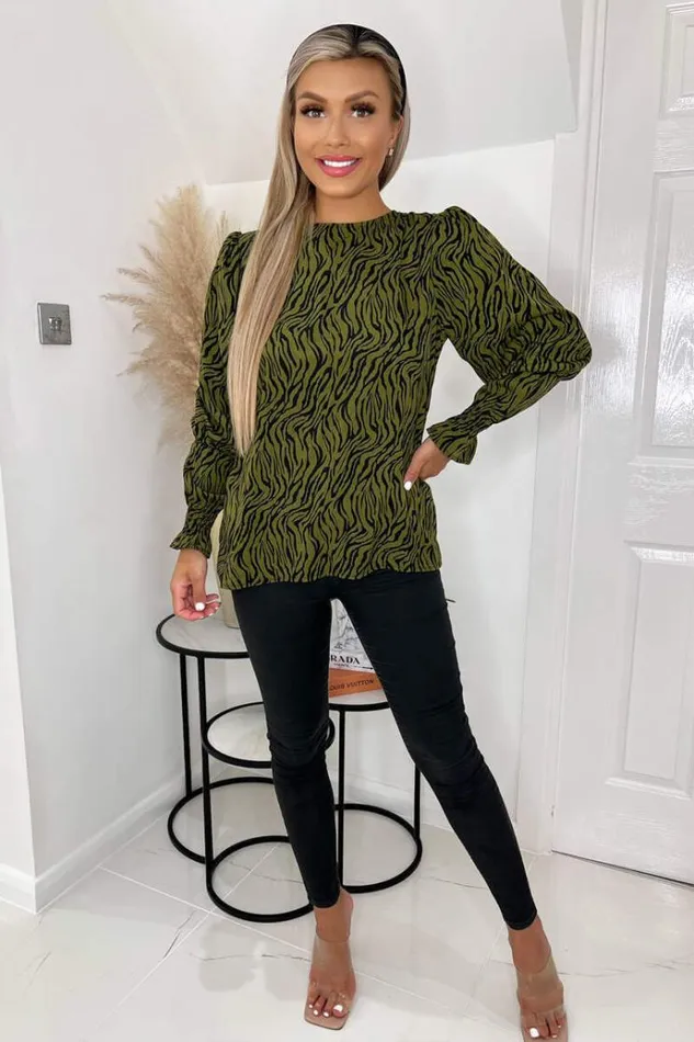 AX Paris Khaki Animal Print Long Sleeve Top Women Tops