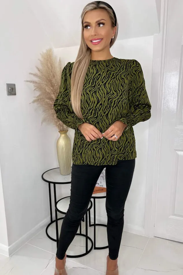 AX Paris Khaki Animal Print Long Sleeve Top Women Tops