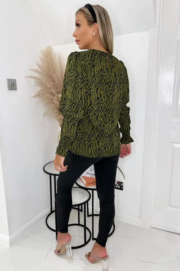AX Paris Khaki Animal Print Long Sleeve Top Women Tops
