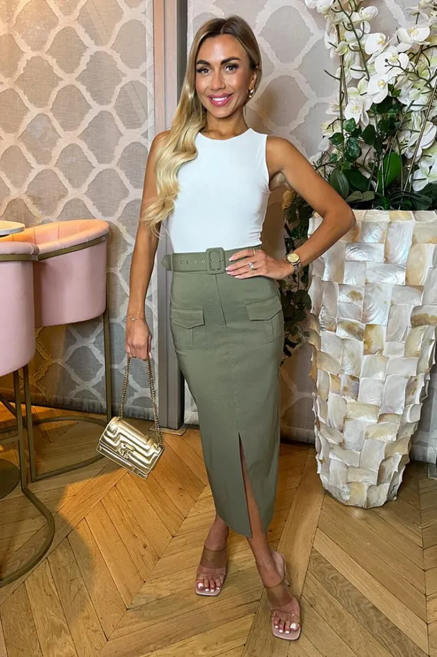 AX Paris Khaki Belted Cargo Midi Skirt Women Skirts and Shorts