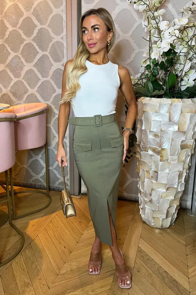 AX Paris Khaki Belted Cargo Midi Skirt Women Skirts and Shorts