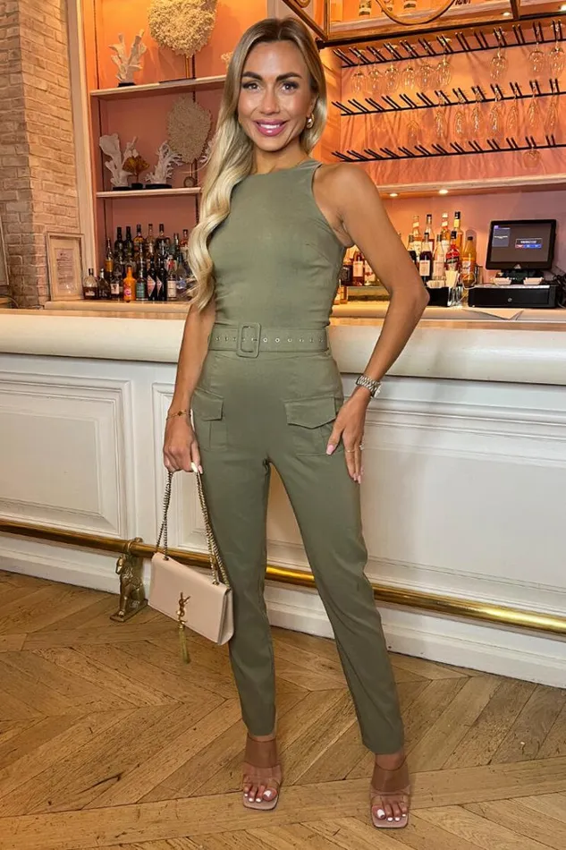AX Paris Khaki Belted High Neck Cargo Jumpsuit Women Jumpsuits And Playsuits