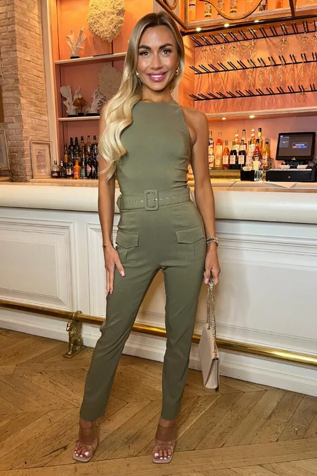 AX Paris Khaki Belted High Neck Cargo Jumpsuit Women Jumpsuits And Playsuits