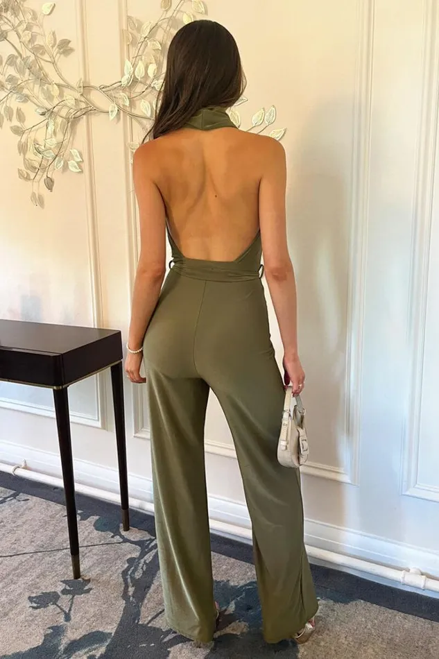 AX Paris Khaki Cowl Halter Neck Tie Waist Backless Jumpsuit Women Jumpsuits And Playsuits