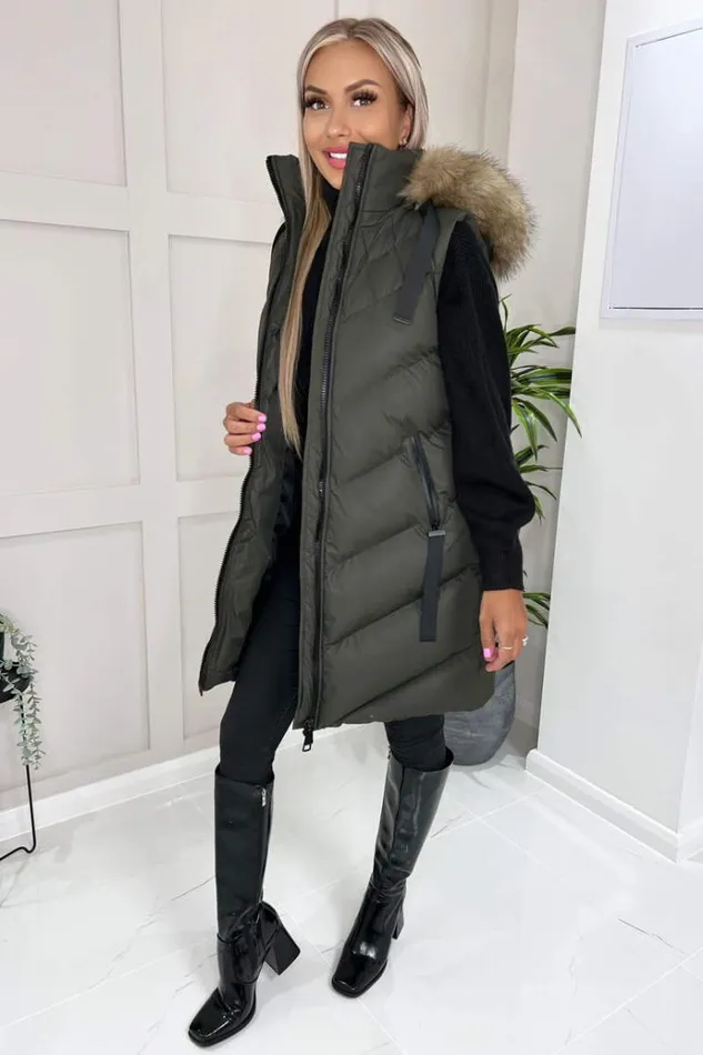 AX Paris Khaki Faux Fur Hooded Gilet Women Coats and Jackets