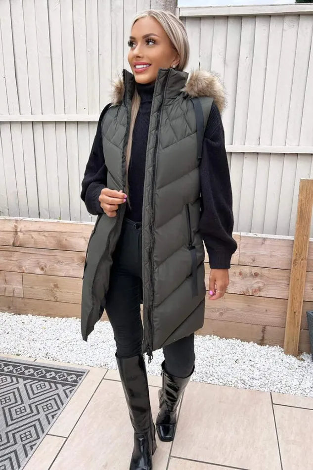 AX Paris Khaki Faux Fur Hooded Gilet Women Coats and Jackets