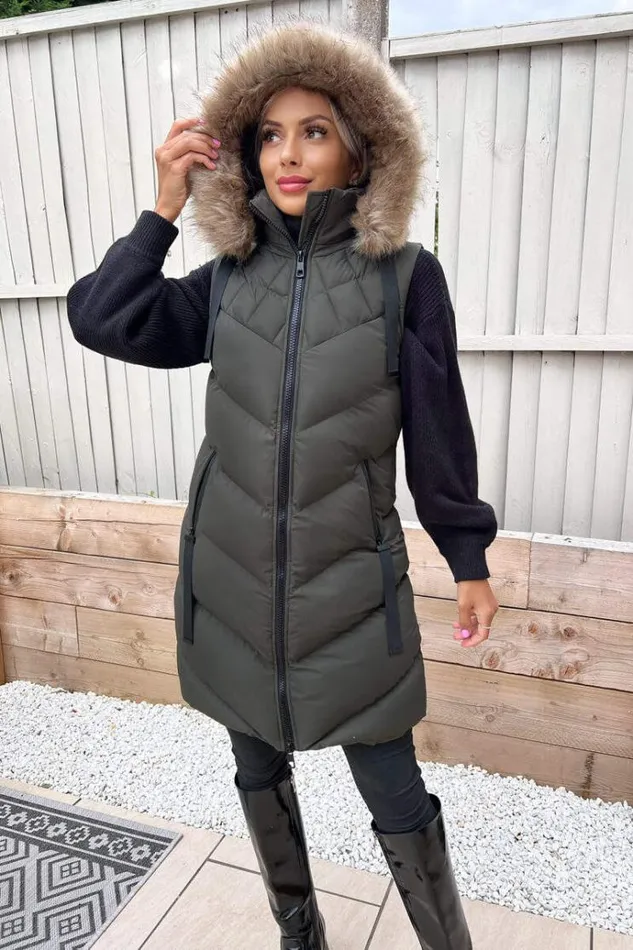 AX Paris Khaki Faux Fur Hooded Gilet Women Coats and Jackets