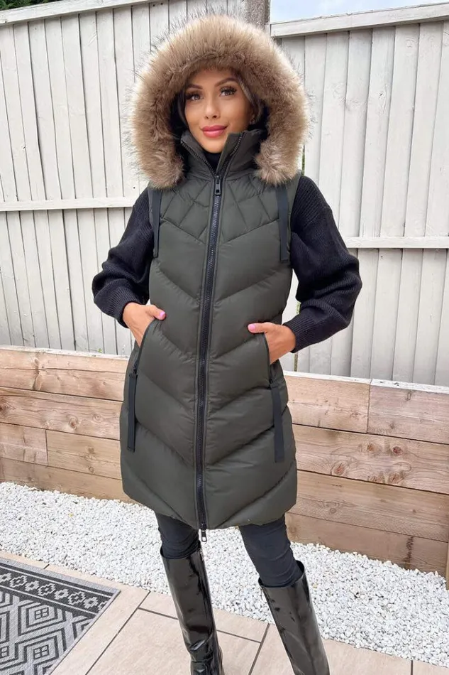 AX Paris Khaki Faux Fur Hooded Gilet Women Coats and Jackets