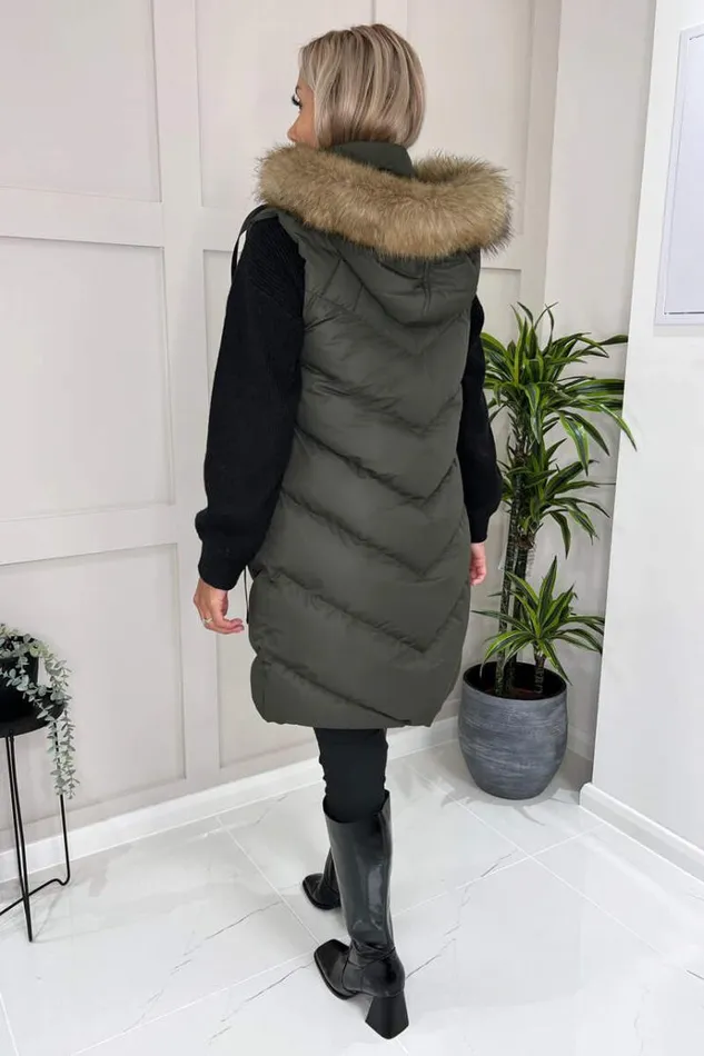 AX Paris Khaki Faux Fur Hooded Gilet Women Coats and Jackets