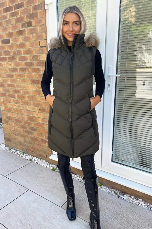 AX Paris Khaki Faux Fur Hooded Gilet Women Coats and Jackets