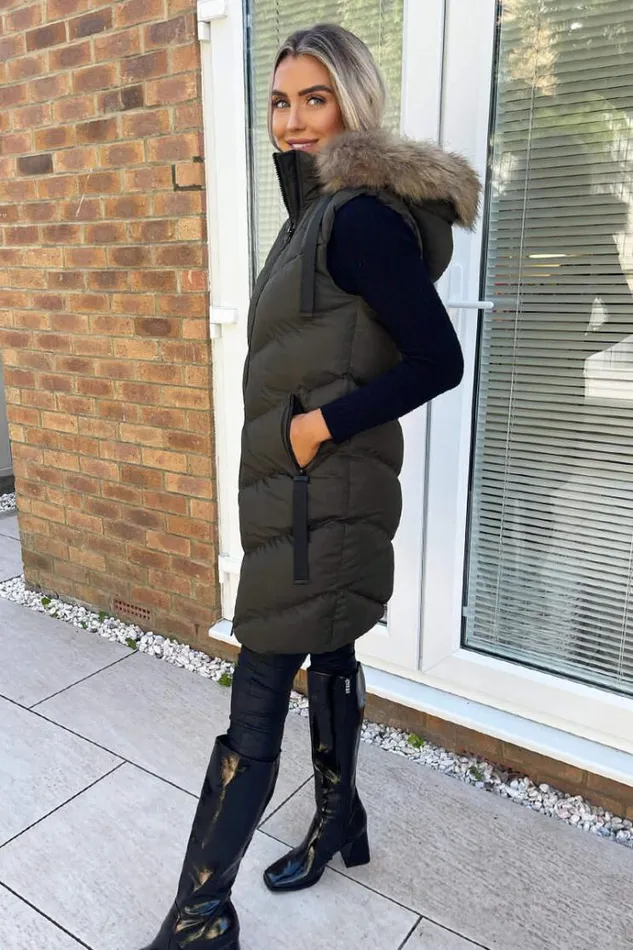 AX Paris Khaki Faux Fur Hooded Gilet Women Coats and Jackets