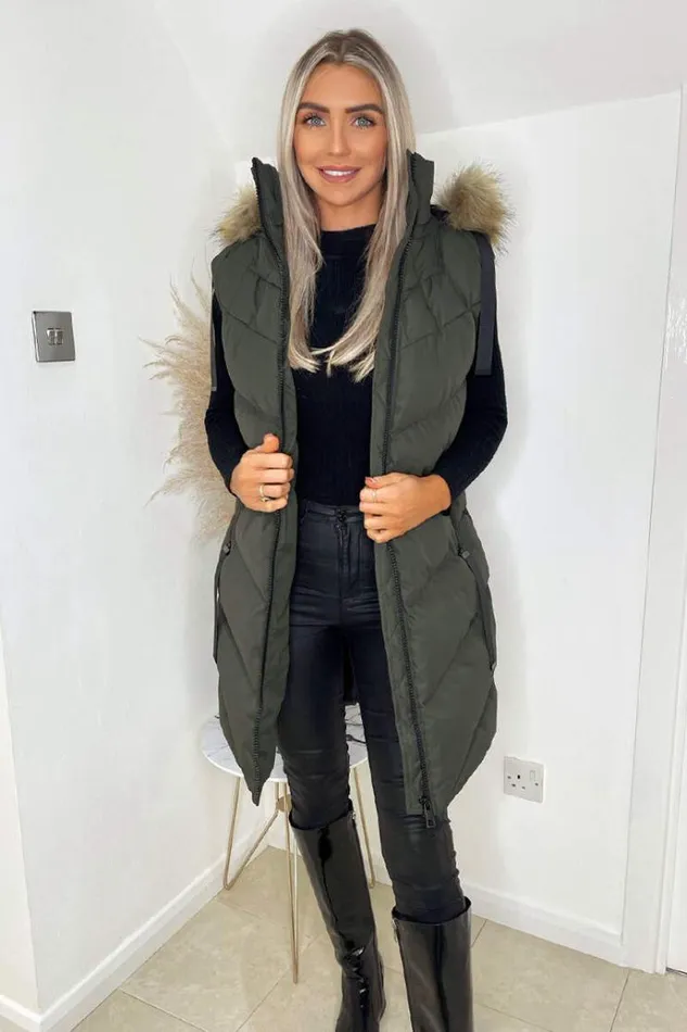 AX Paris Khaki Faux Fur Hooded Gilet Women Coats and Jackets