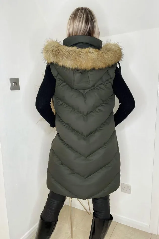 AX Paris Khaki Faux Fur Hooded Gilet Women Coats and Jackets