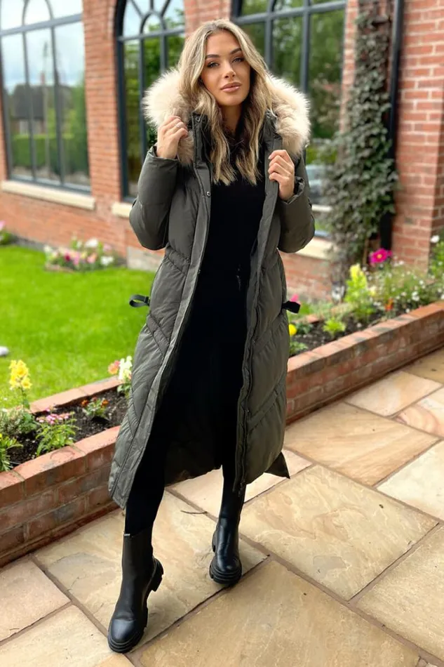 AX Paris Khaki Faux Fur Trim Hooded Puffer Coat Women Coats and Jackets