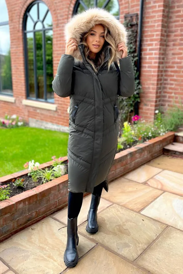 AX Paris Khaki Faux Fur Trim Hooded Puffer Coat Women Coats and Jackets