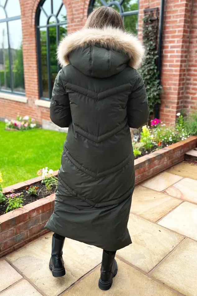 AX Paris Khaki Faux Fur Trim Hooded Puffer Coat Women Coats and Jackets