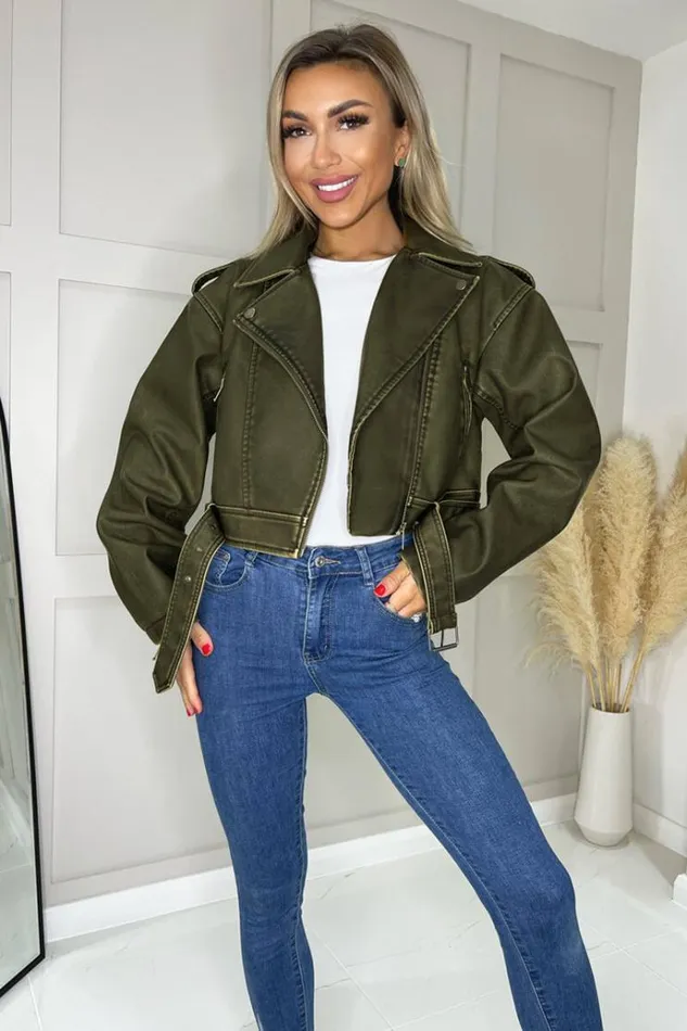 AX Paris Khaki Faux Leather Cropped Jacket Women Coats and Jackets