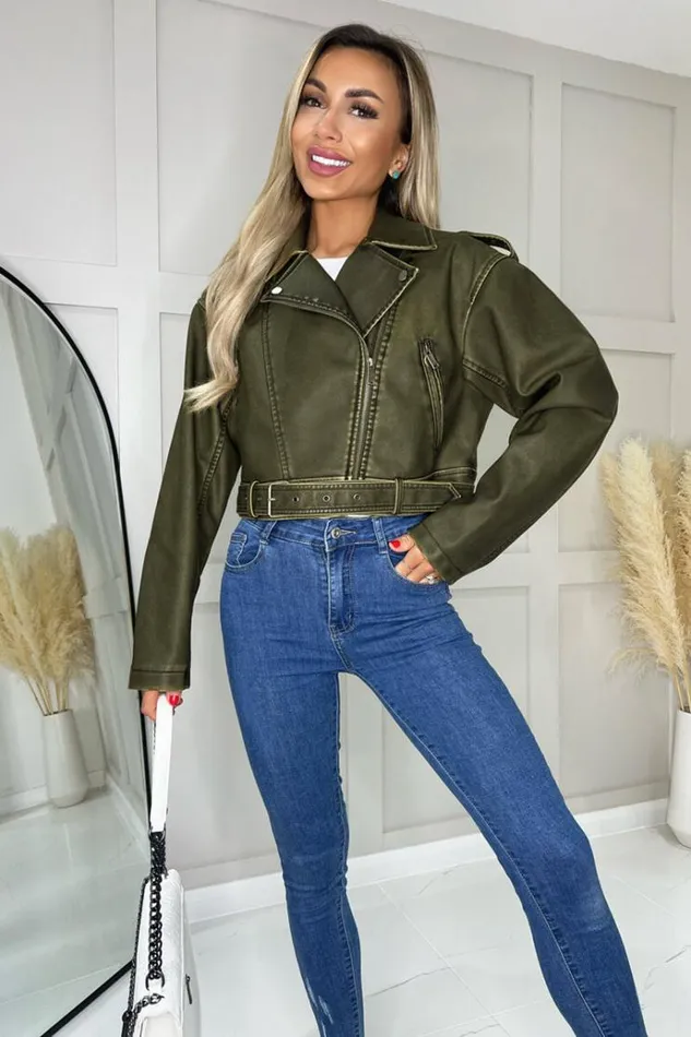 AX Paris Khaki Faux Leather Cropped Jacket Women Coats and Jackets