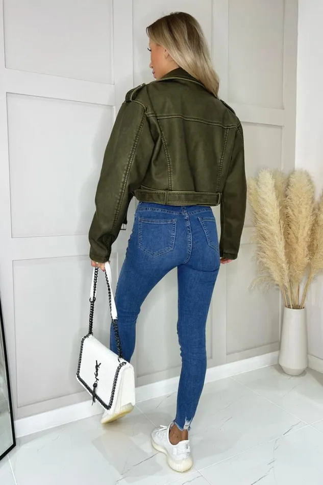 AX Paris Khaki Faux Leather Cropped Jacket Women Coats and Jackets