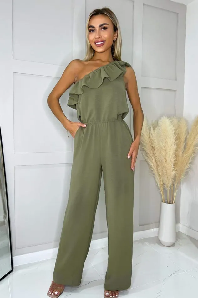 AX Paris Khaki Frill One Shoulder Jumpsuit Women Jumpsuits And Playsuits