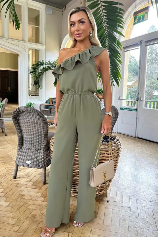 AX Paris Khaki Frill One Shoulder Jumpsuit Women Jumpsuits And Playsuits