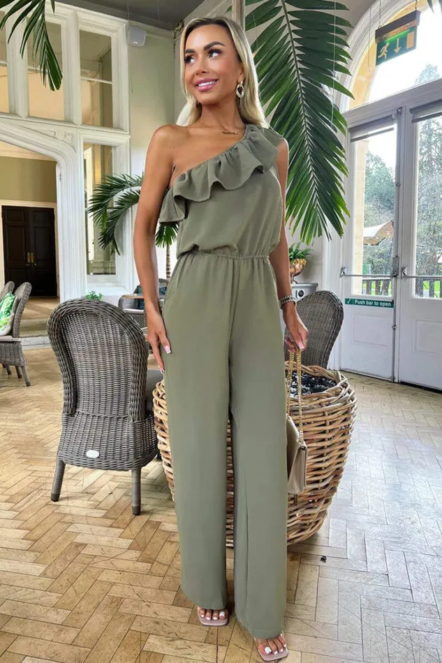 AX Paris Khaki Frill One Shoulder Jumpsuit Women Jumpsuits And Playsuits