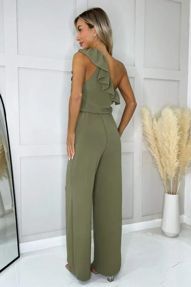 AX Paris Khaki Frill One Shoulder Jumpsuit Women Jumpsuits And Playsuits