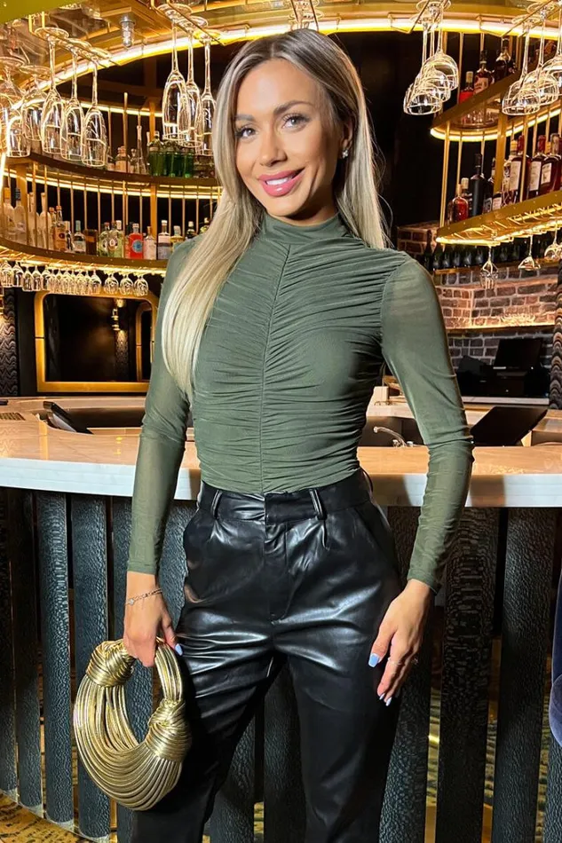 AX Paris Khaki High Neck Long Sleeve Ruched Mesh Bodysuit Women Bodysuits