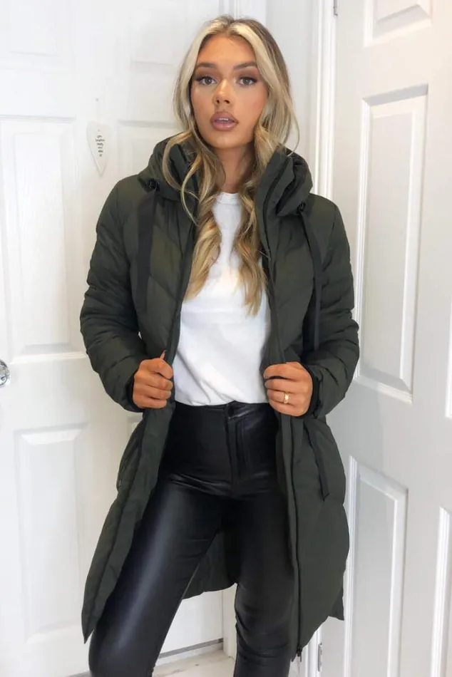 AX Paris Khaki Hooded Long Line Puffer Coat Women Coats and Jackets