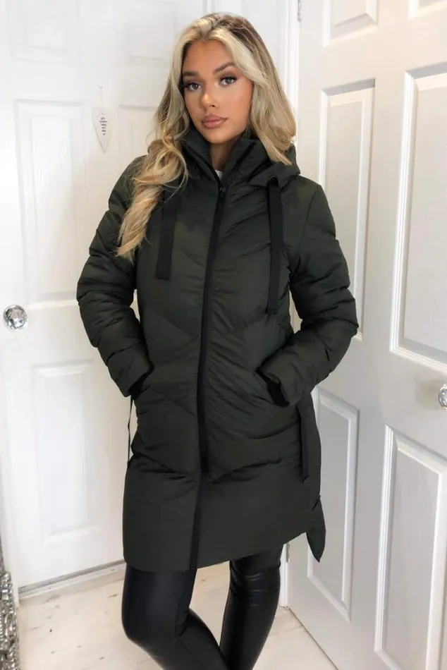 AX Paris Khaki Hooded Long Line Puffer Coat Women Coats and Jackets