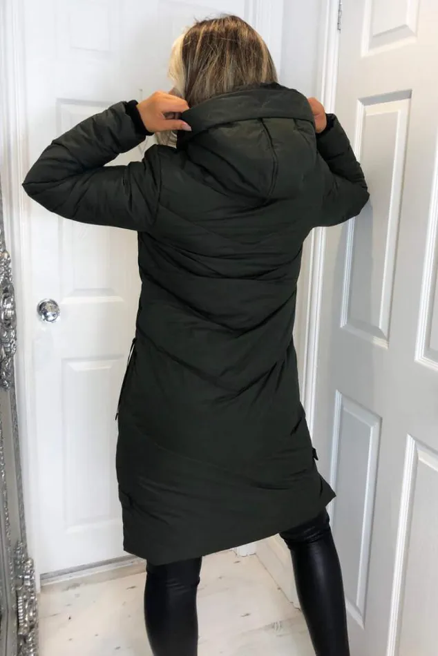 AX Paris Khaki Hooded Long Line Puffer Coat Women Coats and Jackets