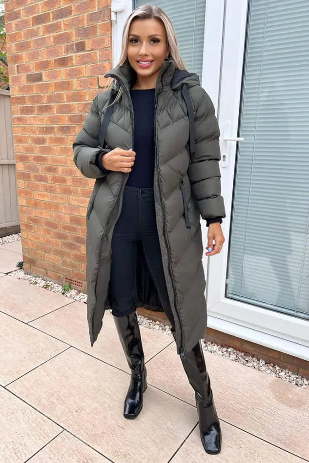 AX Paris Khaki Hooded Puffer Coat With Zip Front Pockets Women Coats and Jackets