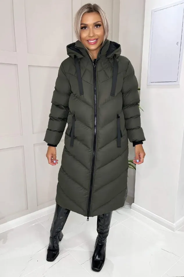 AX Paris Khaki Hooded Puffer Coat With Zip Front Pockets Women Coats and Jackets