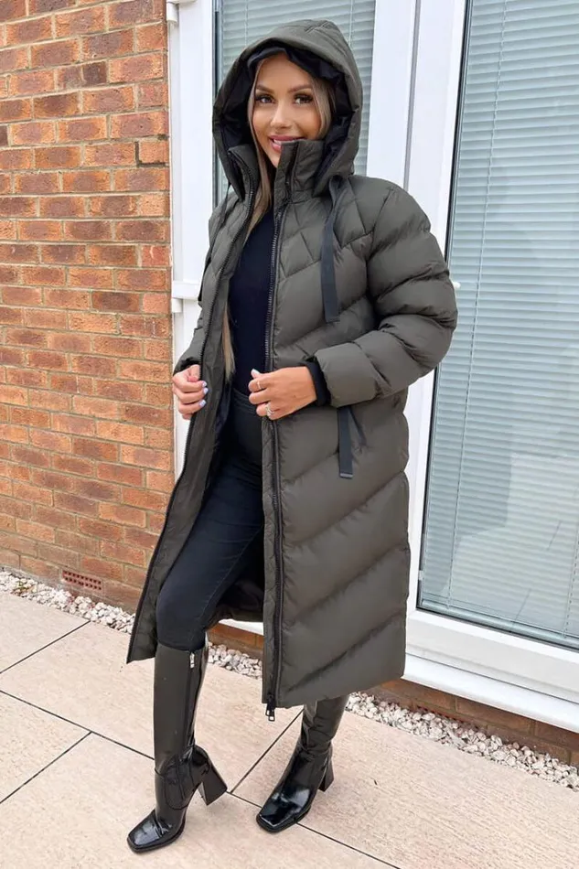 AX Paris Khaki Hooded Puffer Coat With Zip Front Pockets Women Coats and Jackets