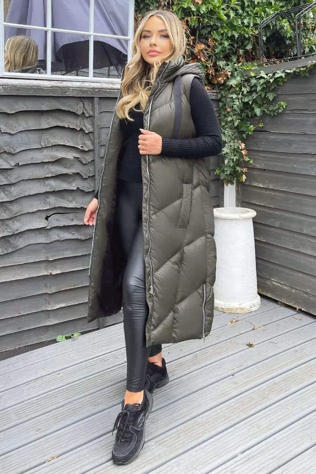 AX Paris Khaki Hooded Puffer Gilet Women Coats and Jackets