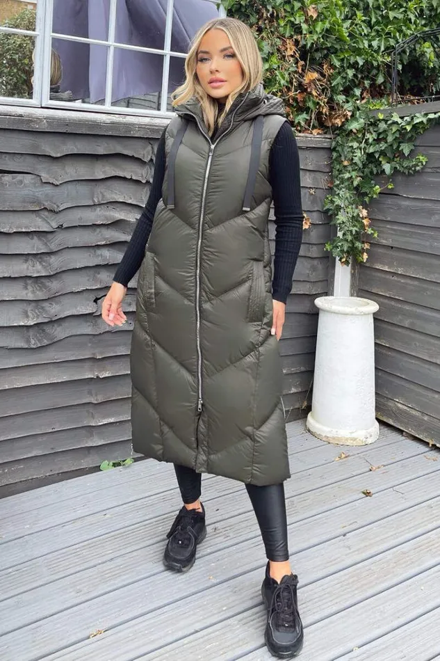 AX Paris Khaki Hooded Puffer Gilet Women Coats and Jackets