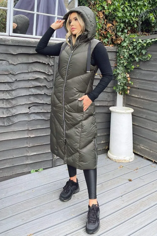 AX Paris Khaki Hooded Puffer Gilet Women Coats and Jackets