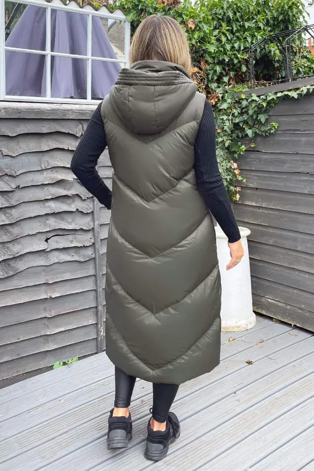 AX Paris Khaki Hooded Puffer Gilet Women Coats and Jackets