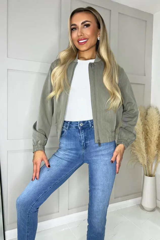 AX Paris Khaki Lightweight Cotton Bomber Jacket Women Coats and Jackets