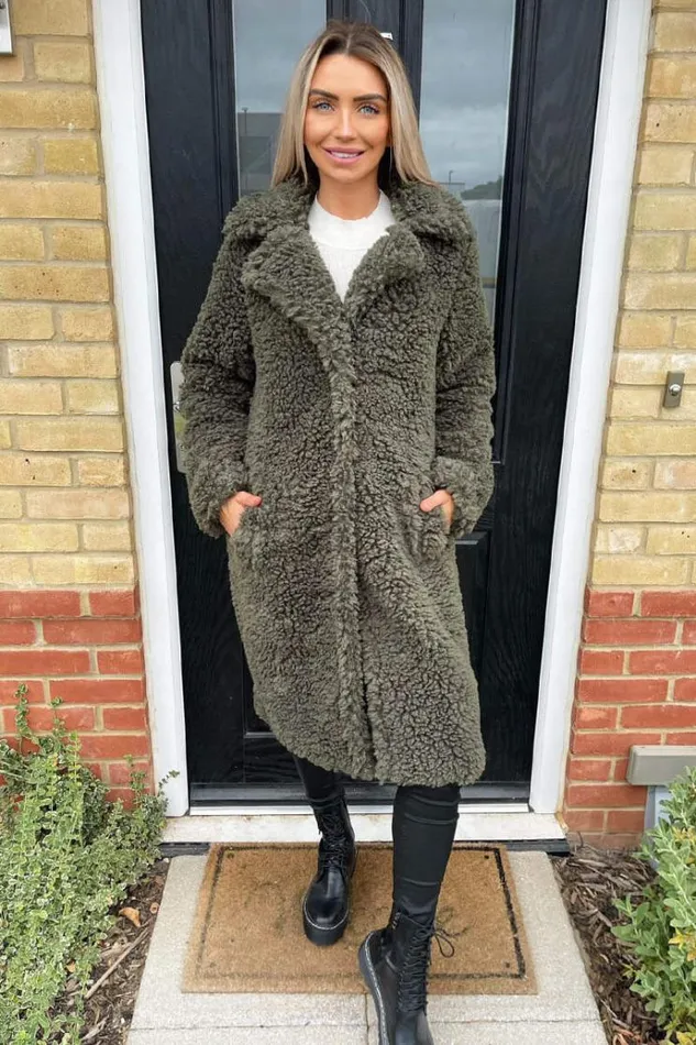 AX Paris Khaki Long Line Teddy Faux Fur Coat Women Coats and Jackets