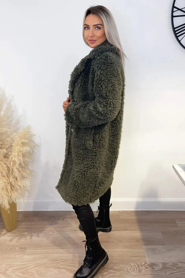 AX Paris Khaki Long Line Teddy Faux Fur Coat Women Coats and Jackets