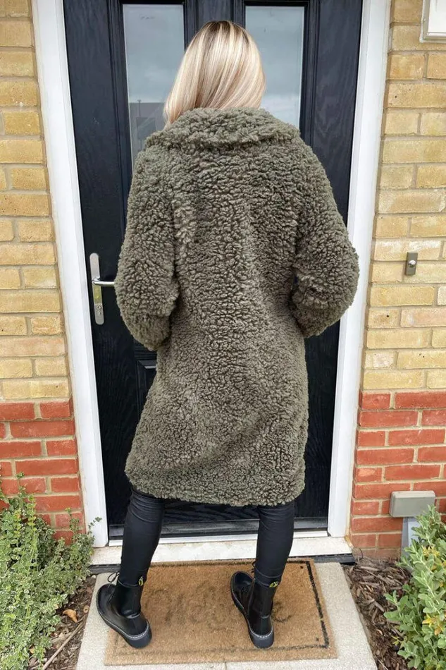 AX Paris Khaki Long Line Teddy Faux Fur Coat Women Coats and Jackets