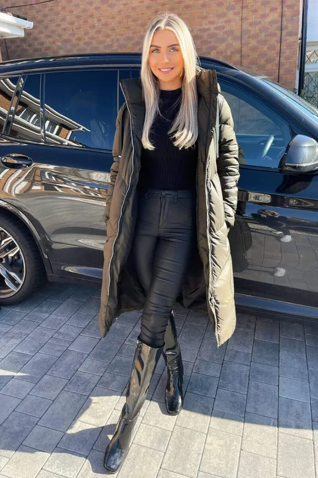 AX Paris Khaki Long Puffer Coat Women Coats and Jackets